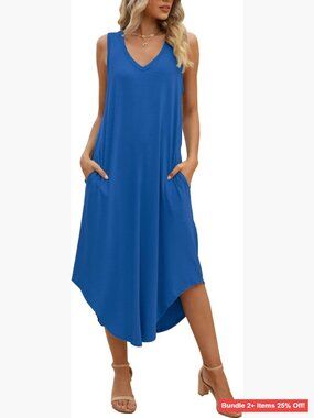 Sleeveless Maxi Dress with Pockets, V-Neck, Casual Summer Midi